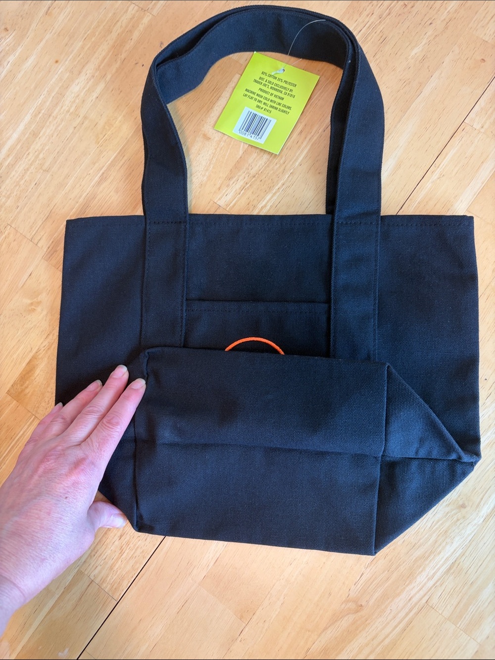 NWT Trader Joe’s Trick or Treat Black Canvas Tote Bag with Orange Logo - Picture 3 of 3